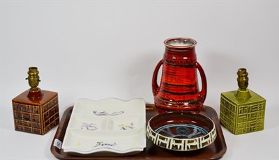 Lot 254 - Anita Harris trail hand painted vase, two Poole Pottery lamps, Poole Pottery bowl and dish