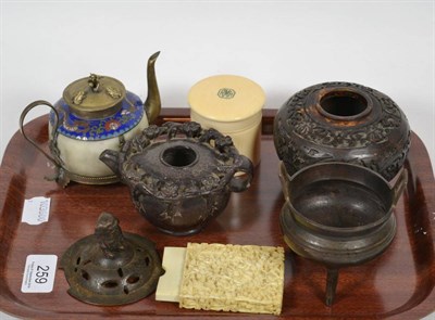 Lot 259 - A Chinese enamel mounted small teapot, bronzed small bowls, censer, ivory cylindrical jar and...