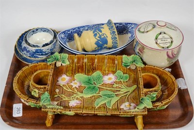 Lot 263 - George Jones Majolica entree dish, blue and white tea bowls and saucers, pink lustre pottery...