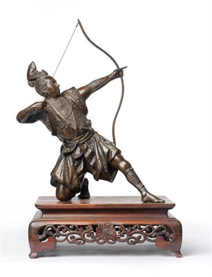 Lot 171 - A Japanese Bronze Figure of a Samurai Bowman, Meiji period (1868-1912), half kneeling and...