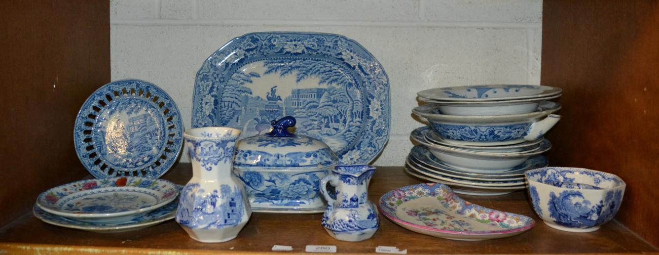 Lot 280 - 19th century Masons Ironstone blue and white decorative pottery, including meat plate, warming...