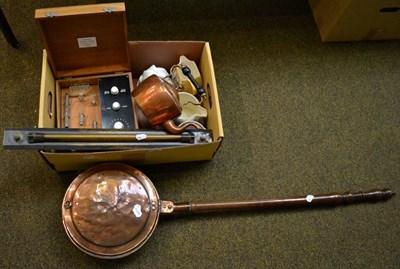 Lot 288 - Copper bed warming pan, pottery, copper kettle, brass rule, cased High Frequency Apparatus etc