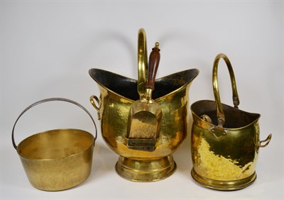 Lot 292 - 19th century brass coal bucket and shovel with turned wooden handle, another smaller and later...