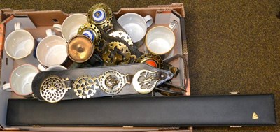 Lot 293 - A collection of horse brasses; china mugs; brass cart hub spinners; 19th century tobacco jar (1846)