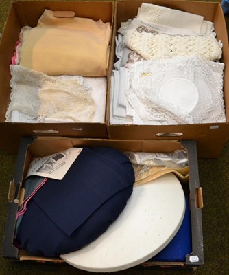 Lot 296 - Assorted white damask table cloths, napkins, some with crochet edging; crochet mats, 1930s...