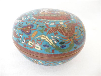 Lot 174 - A Chinese Cloisonné Enamel Circular Box and Cover, 19th century, decorated with a junk...