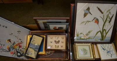 Lot 301 - Assorted 20th century embroideries, including two pairs of Chinese sleeve bands and a panel in...