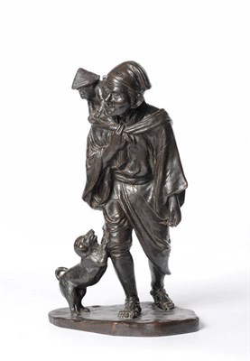 Lot 175 - A Japanese Bronze Figure of an Entertainer, Meiji period (1868-1912), the walking figure with a...