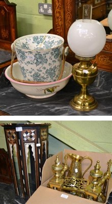 Lot 308 - Brass oil lamp with glass shade, pottery wash bowl and slop bucket with cover, eastern occasion...