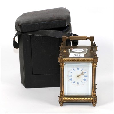 Lot 327 - A late 19th/early 20th century brass carriage clock, white enamel dial with Roman & Arabic...