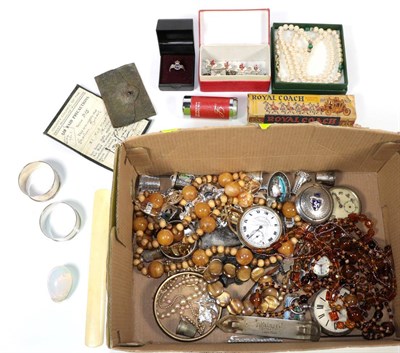 Lot 338 - Assorted items including pocket watches, silver napkin rings, costume jewellery, thimbles,...