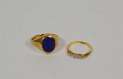 Lot 351 - A diamond five stone ring, stamped '18CT', finger size L; and a 9 carat gold lapis lazuli...