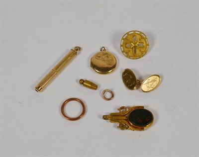 Lot 353 - A Victorian panel converted to an earring; a locket, stamped '9CT'; a watch key; a 9 carat gold...