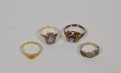 Lot 355 - An amethyst solitaire ring, stamped '9CT', finger size L1/2; a diamond solitaire ring, stamped...