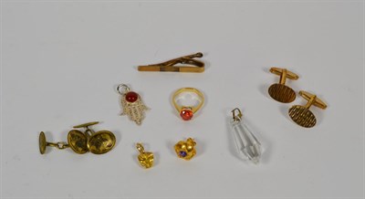 Lot 362 - A pair of 9 carat gold cufflinks; another pair of gilt metal cufflinks; a tie pin; a 9 carat...