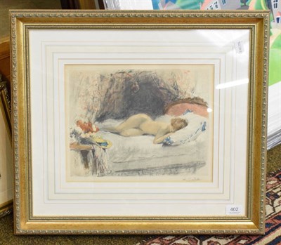 Lot 402 - After Antoine Calbet (1860-1944) Female nude on a bed, pencil signed, colour lithograph, 27cm...