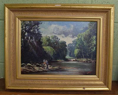 Lot 406 - Robin Furness (b.1933), self portrait, 'Testing of the waters at Rookby, Greta Bridge', signed...