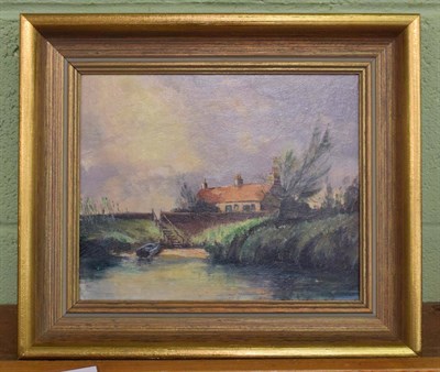 Lot 408 - Robin Furness (b.1933), 'Cottage on the Waveney', titled to artist's label verso, oil on board,...