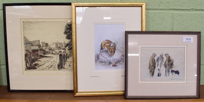 Lot 409 - Brian Irving, Three gentlemen and sheepdogs, watercolour, signed: Pamela Budgem Field Mouse,...