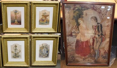 Lot 416 - Four gilt framed chromolithographs c.1860 depicting enamelware, chandeliers and plateware, and...