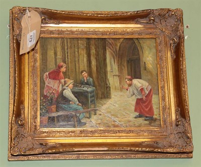 Lot 429 - Chinese School (20th/21st century), Children playing a table game dressed as cardinals, oil on...