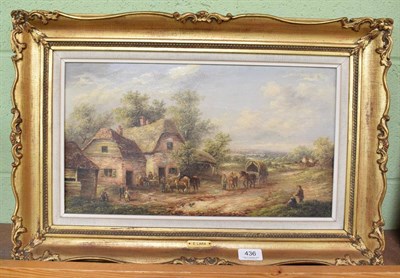 Lot 436 - Ernest William Lara, (1870-1940), Figures and horses before a country inn, signed, oil on...