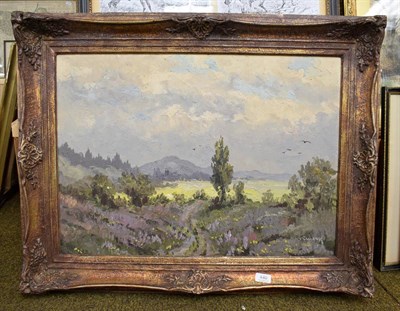 Lot 440 - German School (20th century) Landscape with birds in flight, indistinctly signed, oil on board