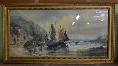 Lot 446 - R H Carter, Coastal village at low tide, signed, watercolour