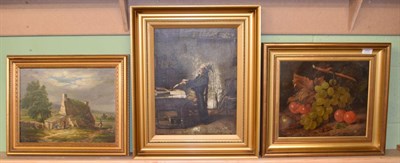 Lot 452 - Manner of George Morland, oil on canvas, together with 20th century still life of grapes, and a...