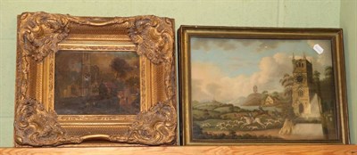 Lot 466 - A hunting scene oil clock picture (movement now missing) and another clock picture depicting a...