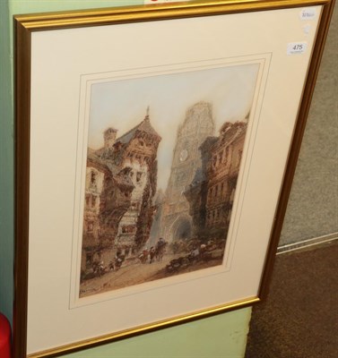 Lot 475 - Paul Marny (182-1914) Continental cathedral and market place, signed, watercolour, 44cm by 29cm