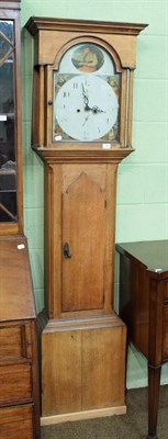 Lot 484 - An oak cased eight day longcase clock with painted arched dial (no pendulum)