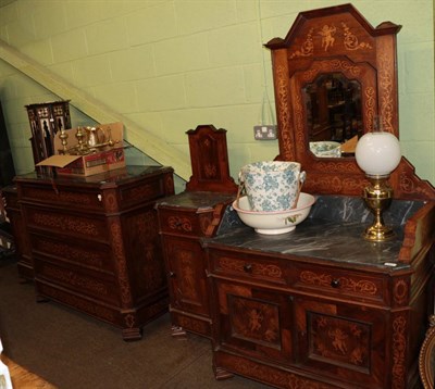 Lot 497 - A mid 19th century Italian rosewood, marquetry and marble top four piece bedroom suite,...