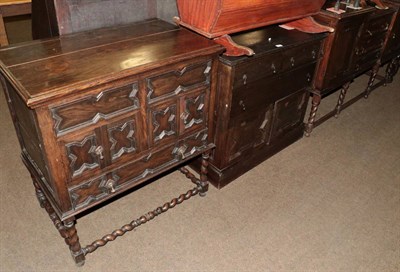 Lot 507 - Carved oak bureau and oak chest, and stained pine chest (3)