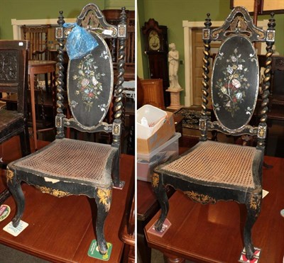 Lot 521 - A pair of Victorian inlaid papier mache hall chairs, with cane seats