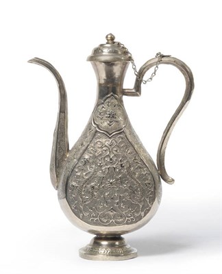 Lot 196 - A Chinese White Metal Ewer, possibly late Ming Dynasty (1368-1644), of flattened pear form,...