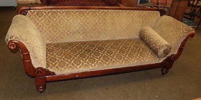 Lot 556 - Victorian mahogany framed scroll end sofa upholstered in floral cut velvet, 220cm wide;...