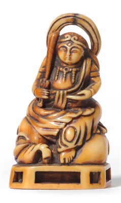 Lot 200 - A Japanese Netsuke as Manjusri, Qing Dynasty, 18th/19th century, as the goddess in robes and...