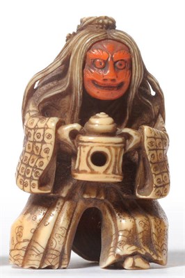 Lot 204 - A Japanese Carved Ivory and Coral Netsuke as a Ghost, circa 1880, as a hideous figure with long...