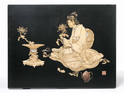 Lot 207 - A Japanese Bone, Ivory and Mother-of-Pearl Inlaid Black Lacquer Decorative Panel, Meiji period...