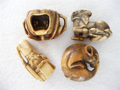 Lot 212 - A Japanese Ivory Netsuke, circa 1920, as a rat curled in a ball, 4cm long; A Similar, as a...