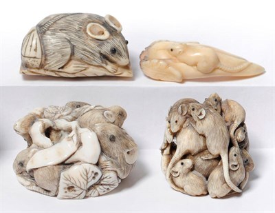 Lot 215 - A Japanese Carved Ivory Netsuke as a Group of Four Mice amongst Peapods and Leaves, circa 1900,...