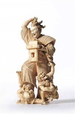 Lot 229 - A Japanese One Piece Carved Elephant Ivory Figure Group, Meiji period (1868-1912), as a samurai...