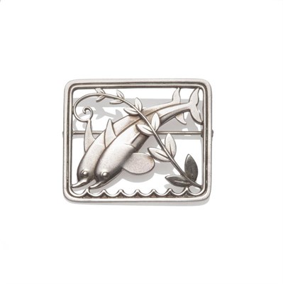 Lot 256 - A Silver Brooch, by Georg Jensen, double dolphins diving into waves, with a leafy branch...