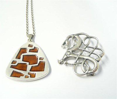 Lot 264 - A Pendant on Chain, by David Andersen, a triangular pendant with asymmetric brown enamelling,...