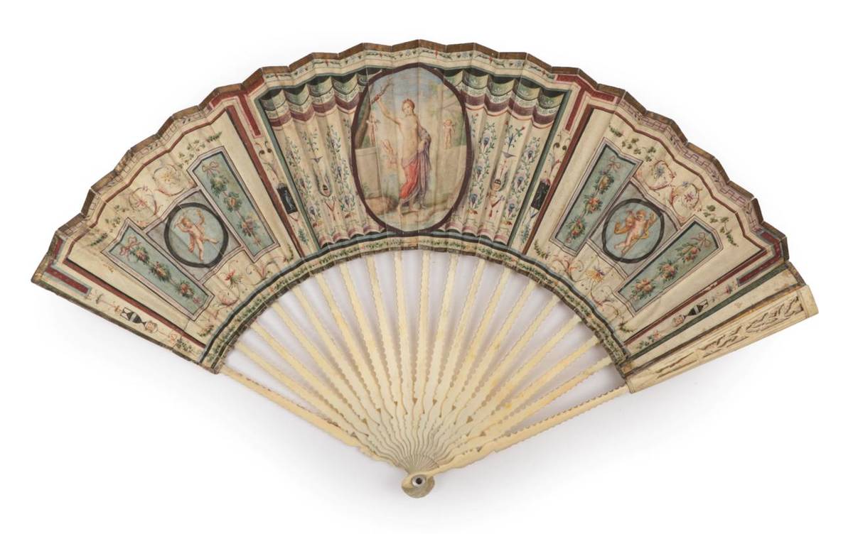 Lot 2028 - A Late 18th Century Fan in the Grand Tour Style, the monture of ivory, the gorge sticks shaped...