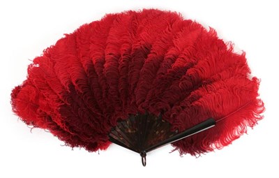 Lot 2037 - A Vibrant Red Feather Fan, bi-coloured, circa 1900, the curly feathers mounted on...