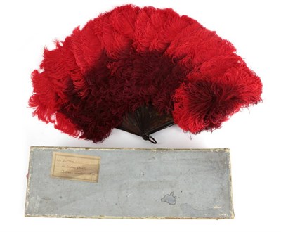 Lot 2037 - A Vibrant Red Feather Fan, bi-coloured, circa 1900, the curly feathers mounted on...