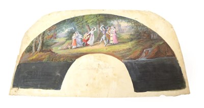 Lot 2042 - An Unmounted Painted Fan Leaf, showing a couple dancing under the shade of trees, near water, a...