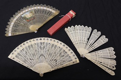 Lot 2047 - Three Early 19th Century Brisé Fans, to include a horn brisé with 2 painted images, one of a...